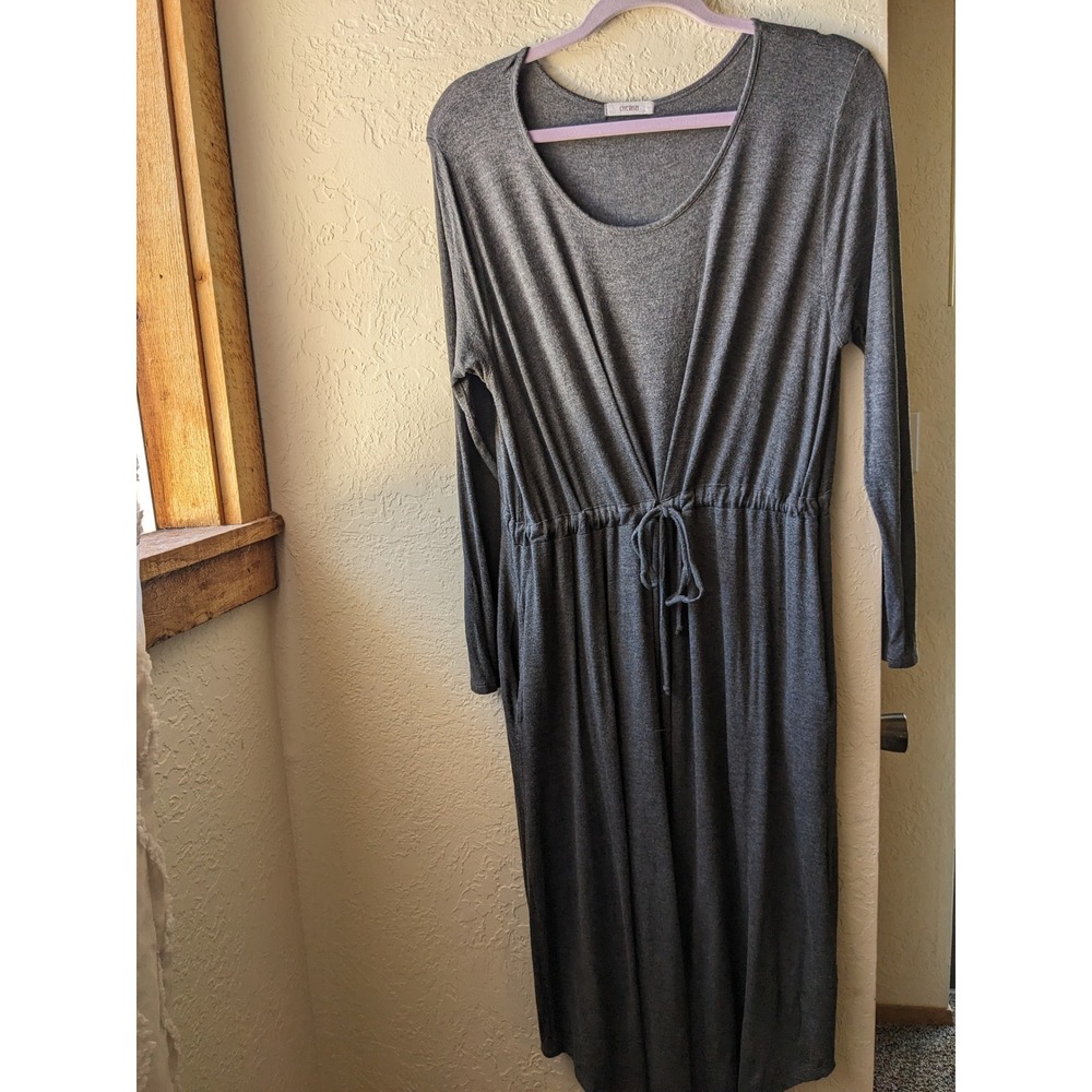 Cherish Boho Gray Long Sleeve High Low Midi Dress Drawstring Waist Pockets L